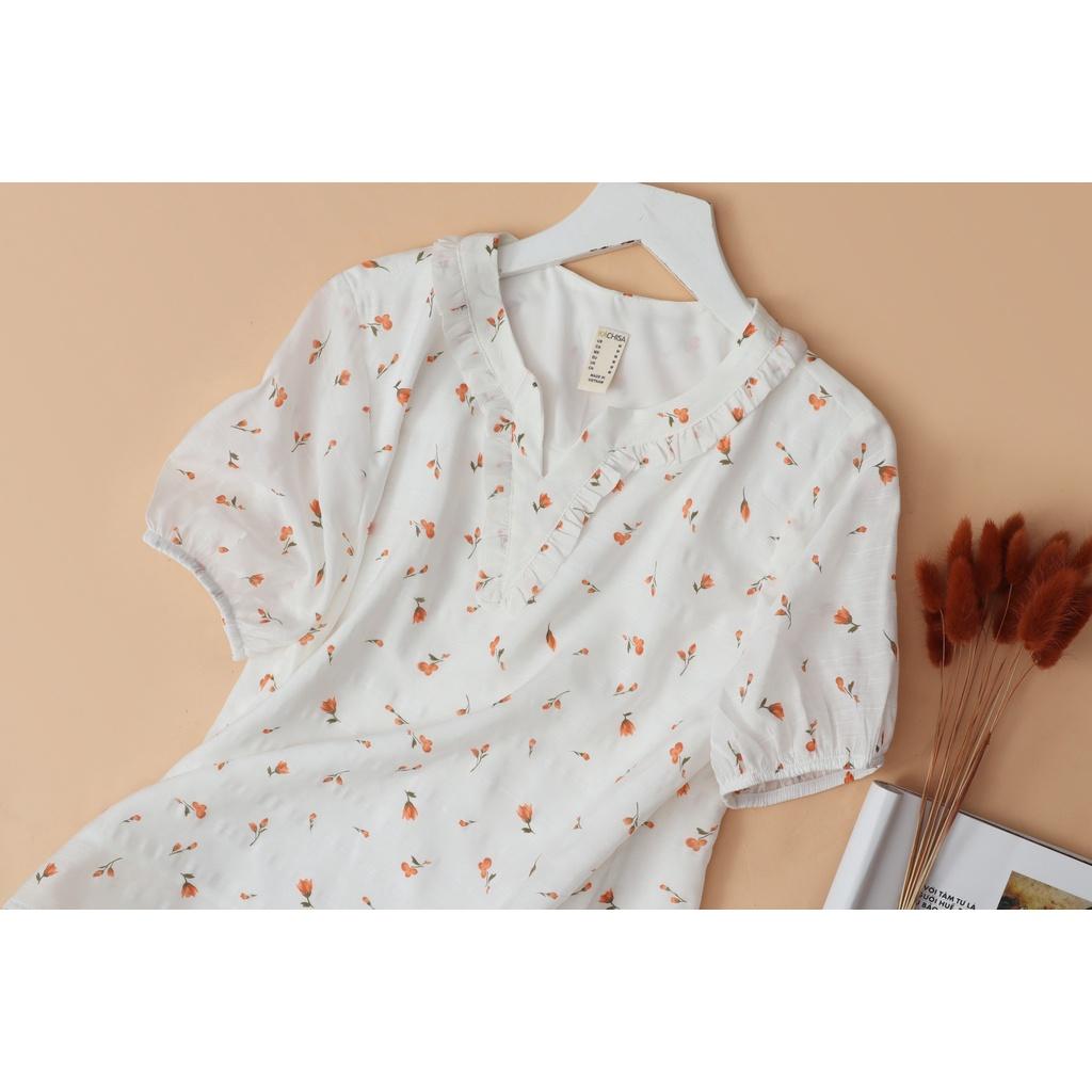 Áo tơ cotton cổ V KACHISA phối bèo họa tiết hoa
