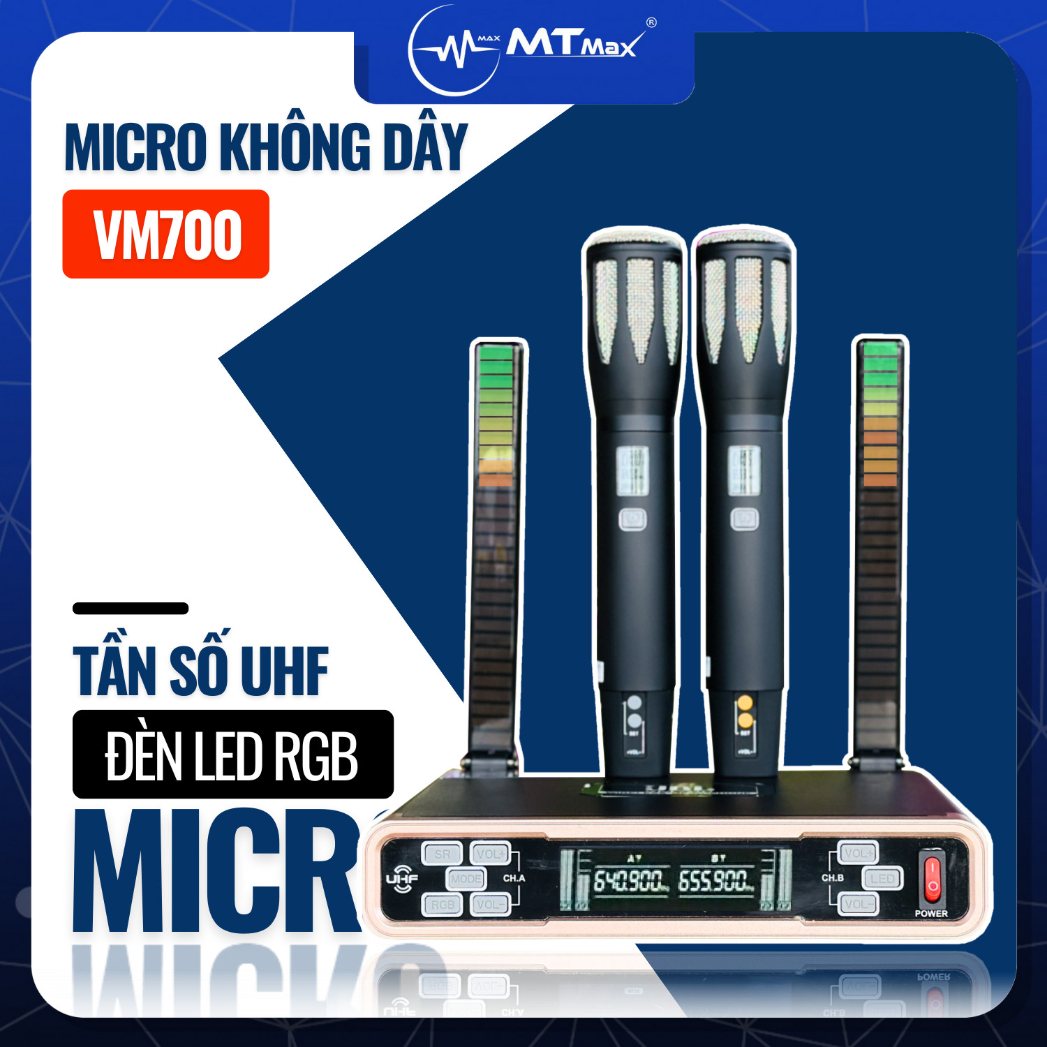 Micro Karaoke VM700 UHF Siêu Độc Đáo Với Đèn LED RGB và Micro Hát Nhẹ, Hút Tiếng, Chống Hú Rít HÀNG CHÍNH HÃNG