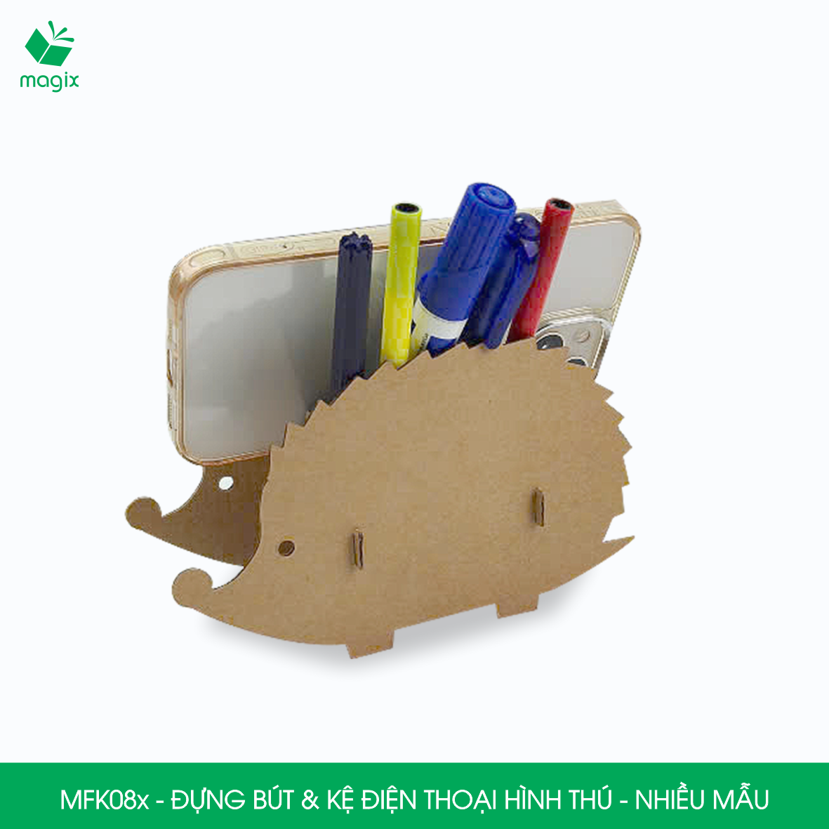 MFK08.CB01 - Combo 4 hộp đựng bút & kệ điện thoại lắp ghép giấy carton hình thú - con voi, nhím, khủng long, cá voi