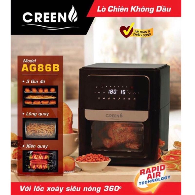 Lò chiên Không Dầu Đối Lưu, Nồi Chiên Không Dầu 12 Lít Creen AG86B, Giảm 80% Dầu Mỡ, Màn Hình Cảm Ứng, Công Suất 1700W, Thương Hiệu Tây Ban Nha - Hàng chính hãng