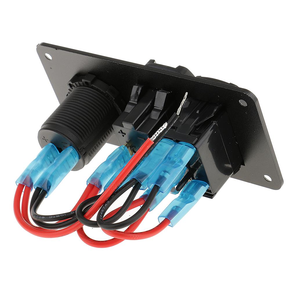 Power Socket +5 Pin Rocker Switch+Dual USB Charger Panel for 12V/24V Vehicles