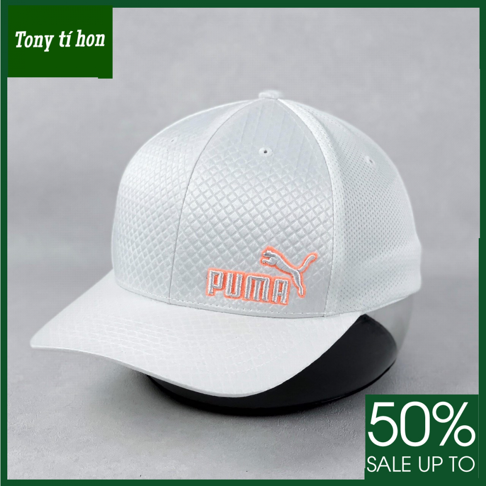 Tony tí hon - Mũ/nón kết lưỡi trai PM thêu logo bên, phối lưới, bít đuôi thời trang nam nữ cao cấp - màu trắng, logo cam đào / logo trắng