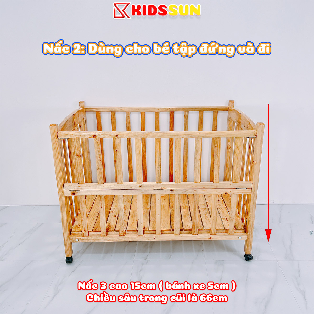 Cũi Gỗ Quế KIDSSUN Cho Tre Em Chất Liệu Gỗ Quế Màu Tự Nhiên Kích Thước 110x70x96cm Tặng Kèm Bánh Xe