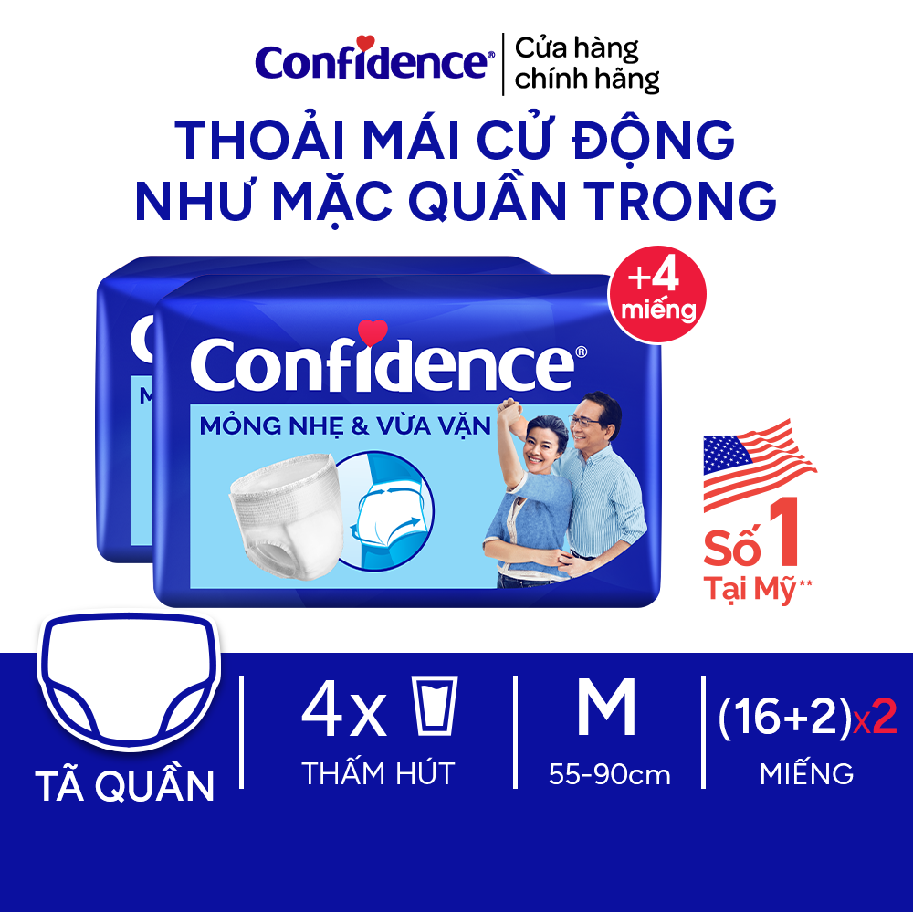 Combo 2 Tã quần người lớn Confidence Slim&amp;Fit mỏng nhẹ vừa vặn size M/L gói 16/14 miếng