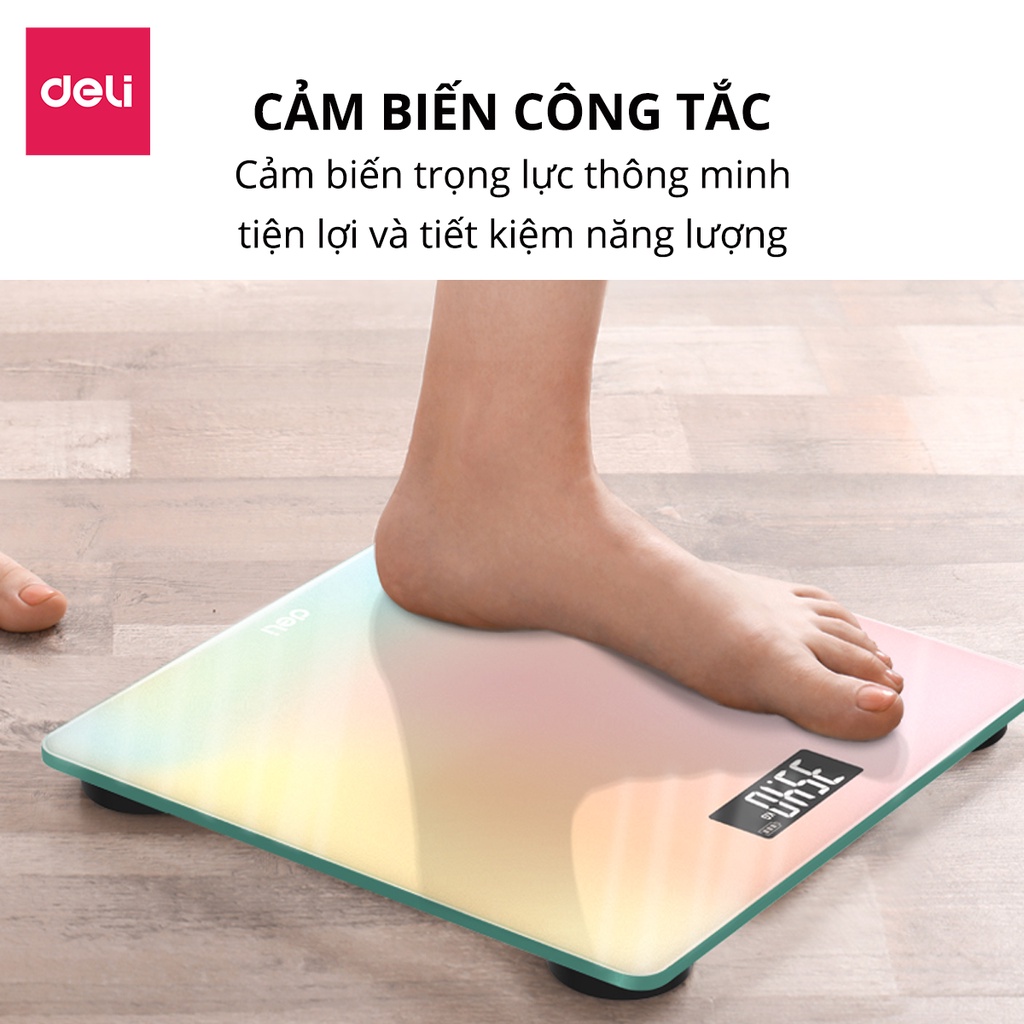 Cân Điện Tử Sức Khoẻ Thông Minh Mặt Vuông Kính Cường Lực Chịu Lực 180Kg Deli - Phù Hợp Gia Đình Trường Học Theo Dõi Đo Lường Sức Khoẻ - Nhiều Màu Sắc - Hàng Chính Hãng - Kết quả chính xác - E86120