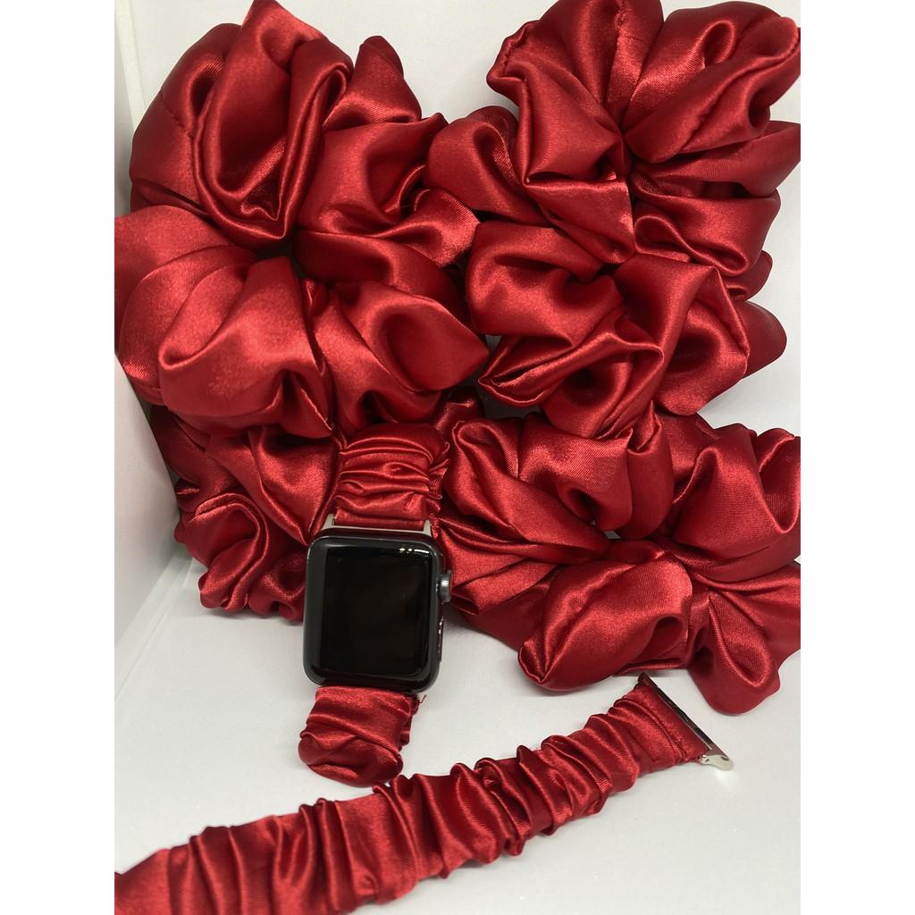 Combo dây đồng hồ apple watch và scrunchies dây cột tóc, buộc tóc vải satin lụa đỏ cao cấp