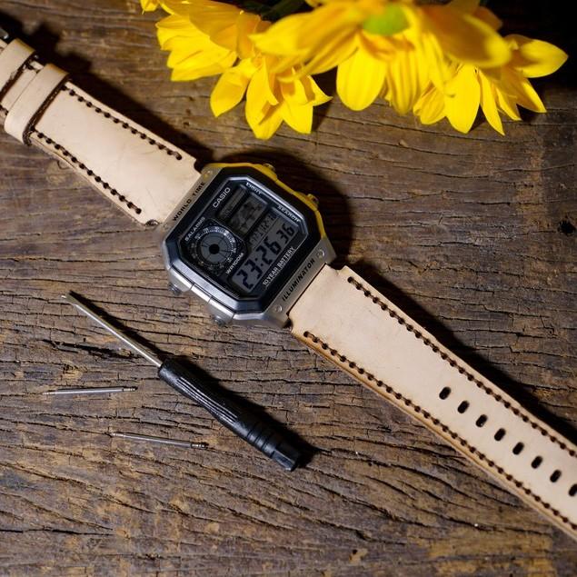 Dây đồng hồ RAM Leather cho casio ae1200 da bò thật - RAM 1970 vegtan trắng (tặng đầy đủ khóa, chốt, cây thay dây)