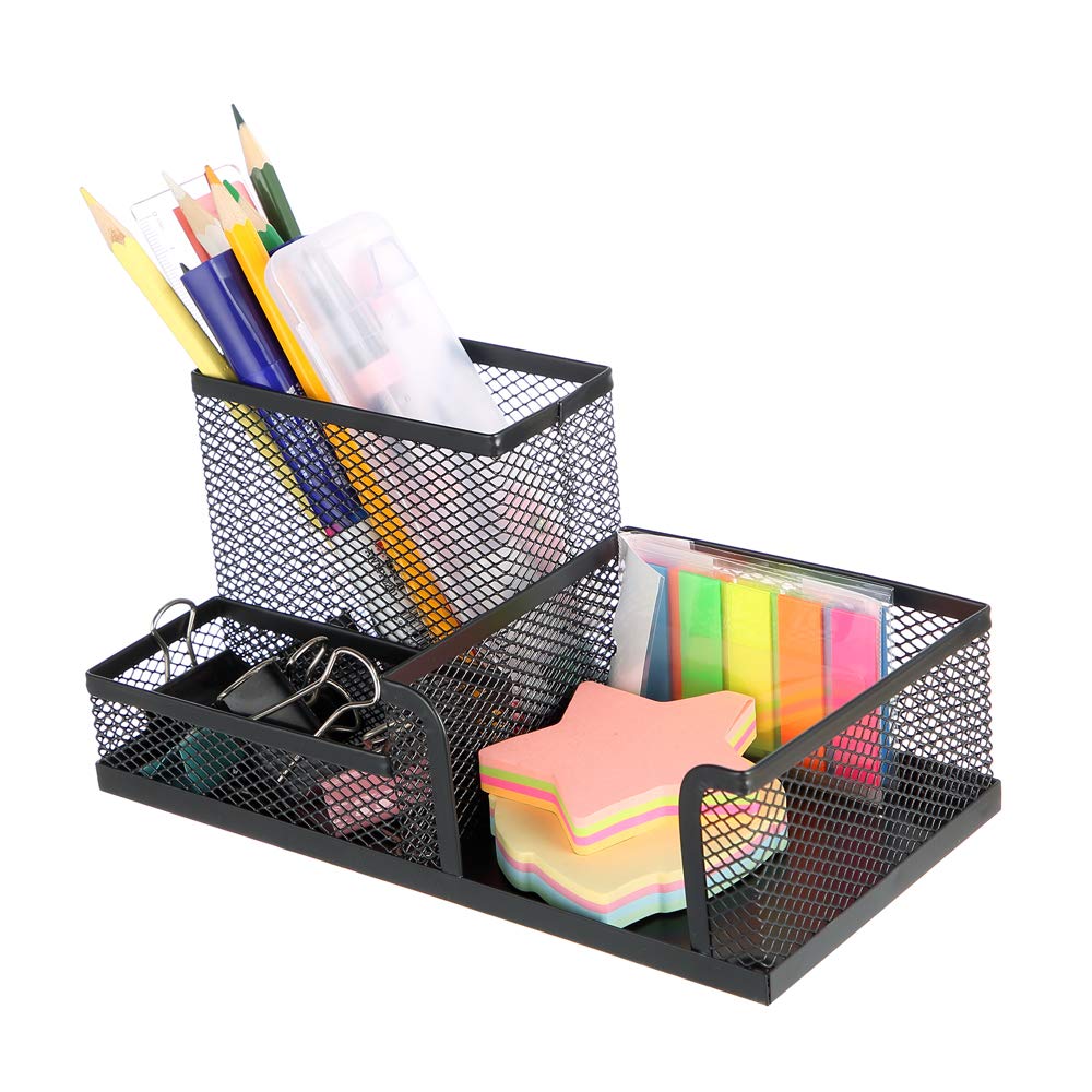 Khay cắm bút, khay đựng bút, hộp đựng bút để bàn 3 ngăn kim Loại màu đen đồ dùng văn phòng Legaxi