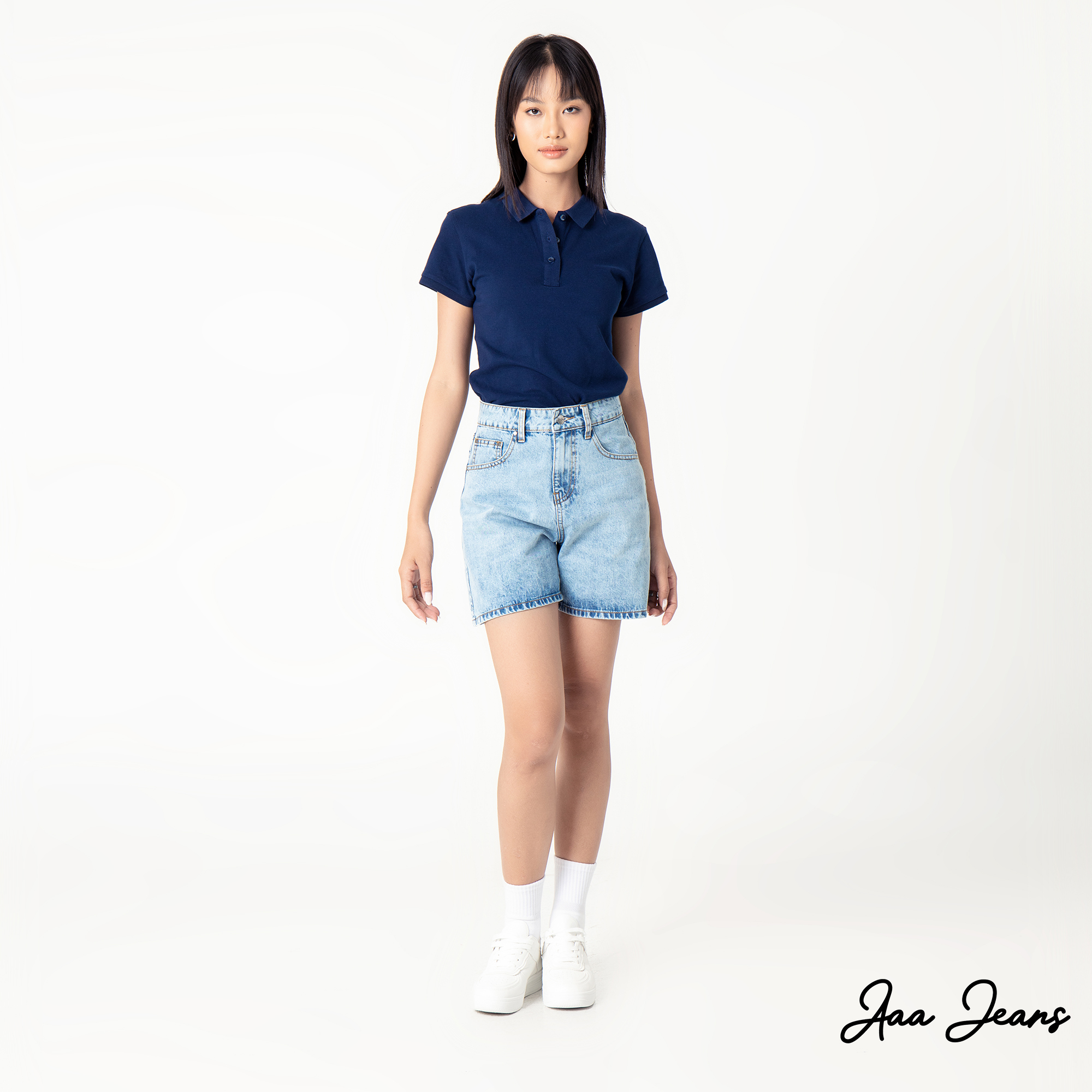 Quần short jean nữ lưng cao regular fit Aaa Jeans Silver Blue