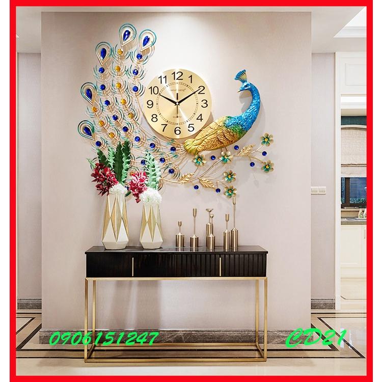 Đồng hồ treo tường trang trí decor chim công CD21 Khổng Tước xanh kích thước 70 x 65 cm