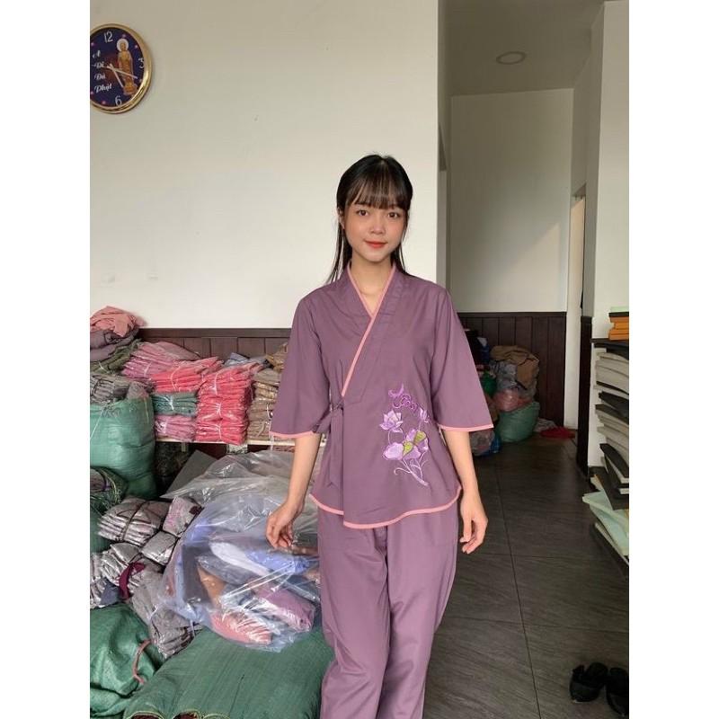Đồ Lam Đi Chùa Pháp Phục Phật Giáo xéo nhật nơ thêu sen