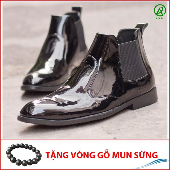 Giày Boot Nam Cổ Chun Da Bóng Màu Đen Sang Trọng Và Phong Cách - CB520-BONGCHUN-Kèm Vòng Gỗ Mun