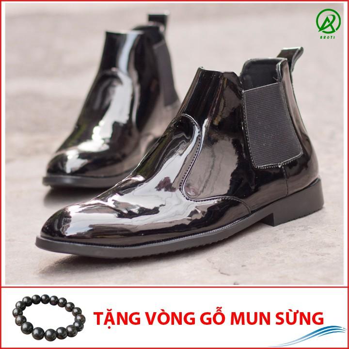 Giày Boot Nam Cổ Chun Da Bóng Màu Đen Sang Trọng Và Phong Cách - CB520-BONGCHUN(GM)-Kèm Vòng Gỗ Mun