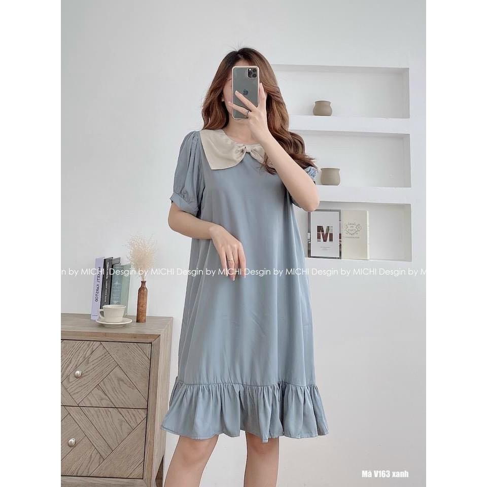 Váy suông nữ cổ nơ tay bồng chất đũi
