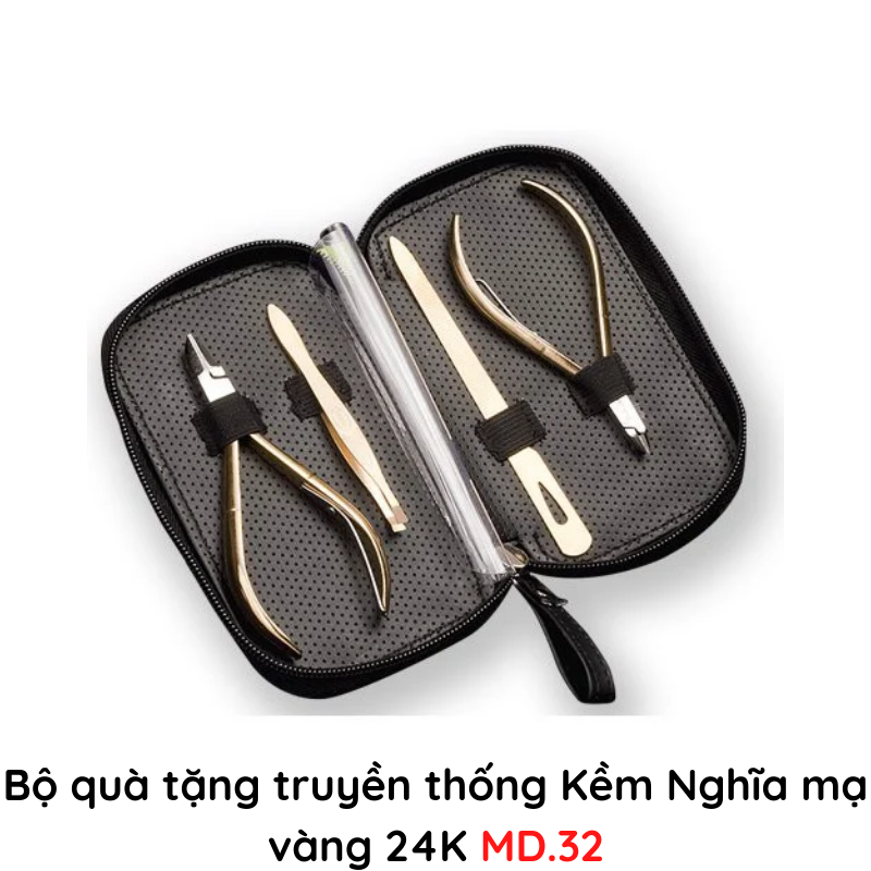 Bộ quà tặng truyền thống Kềm mạ vàng 24K MD.32, Bộ sản phẩm bao gồm: Kềm cắt da; Kềm cắt móng; Dũa; Nhíp.