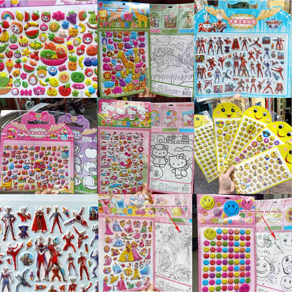 Sticker hoạt hình in nổi 3D miếng dán sticker cho bé hình dán gấu dâu xe khủng long kuromi capybara