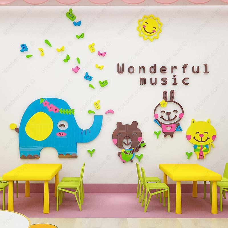 Tranh dán tường mica 3d decor khổ lớn thế giới âm nhạc cho bé trang trí mầm non, mẫu giáo, phòng cho bé