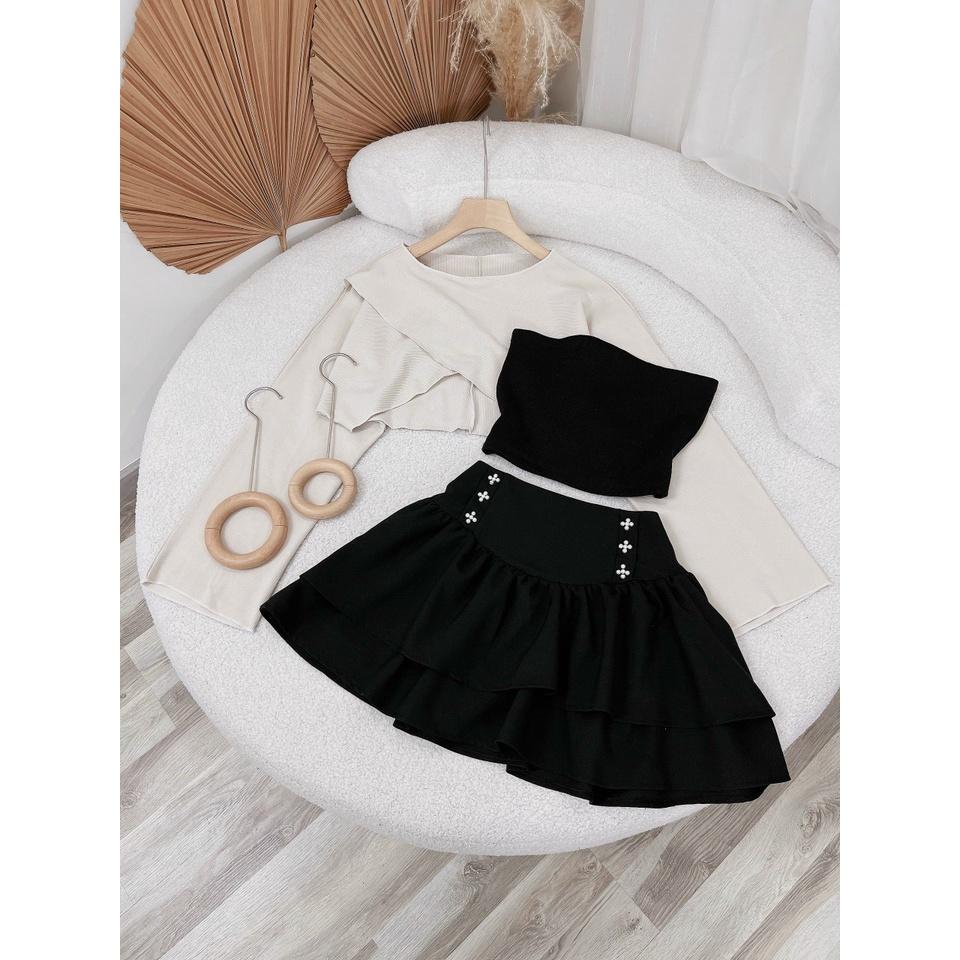 Sét 3 món áo đắp chéo kèm áo crop đen cúp ngực phối chân váy 2 tầng đính cườm