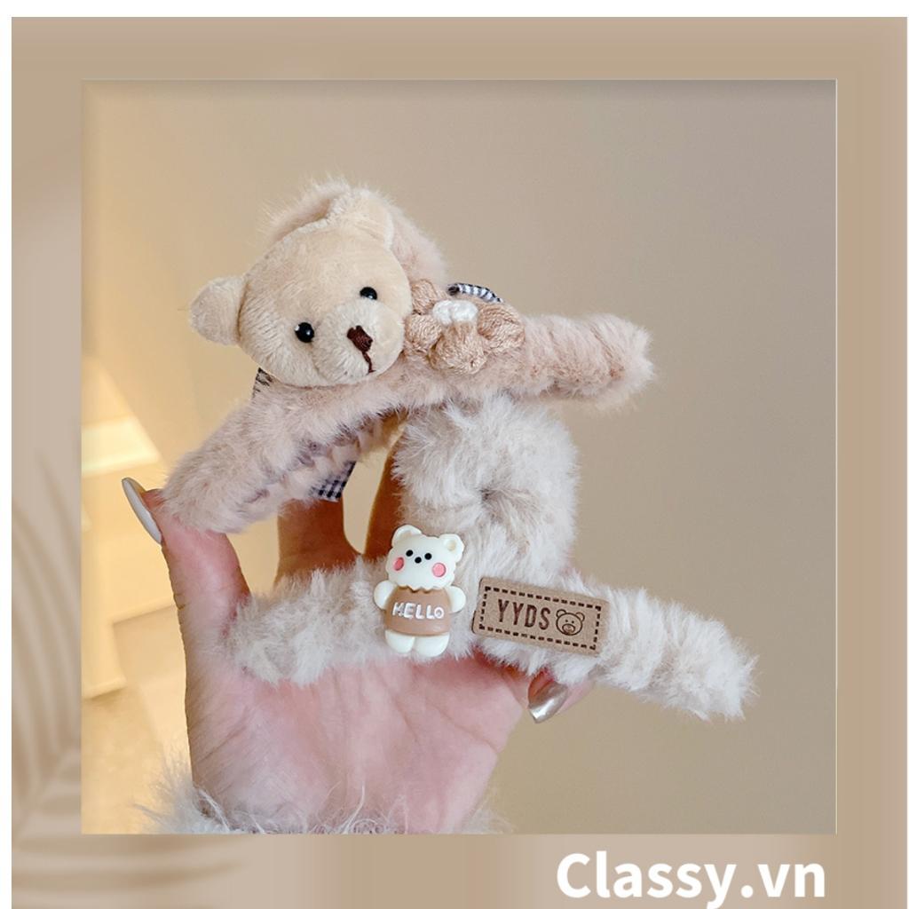 Kẹp càng cua Classy đính lông đính nơ, đính hoa màu be sang trọng PK1626