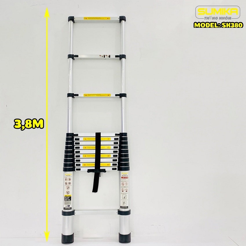 Thang Rút Đơn, Thang nhôm rút gọn SUMIKA SK380 - Chiều cao tối đa 3.8m, chiều dài rút gọn 0.81m, hợp kim nhôm cao cấp, khóa chốt chắc chắn, đế cao su chống trượt, nhỏ gọn - Luôn Có Phụ Kiện Thay Thế