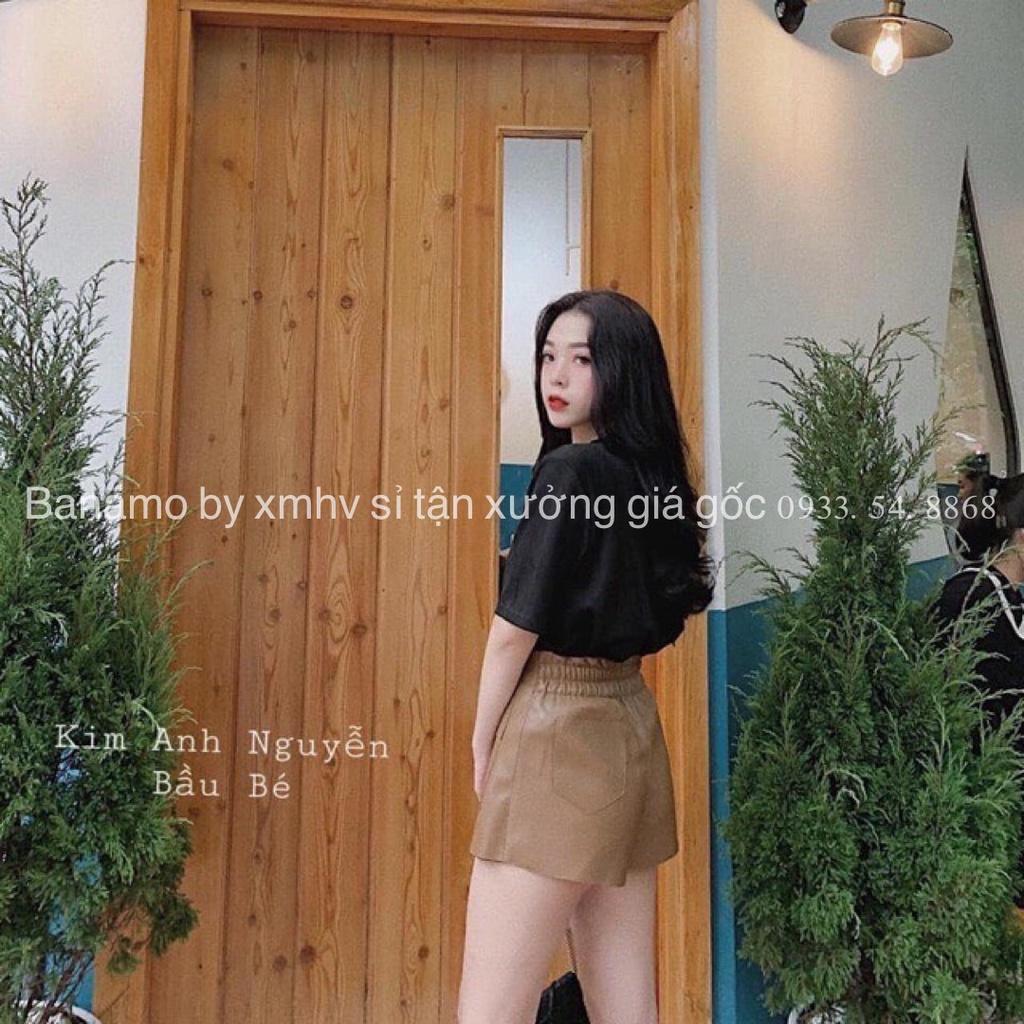 Quần váy da phối khuy 2 túi trước màu đen nâu thời trang 696