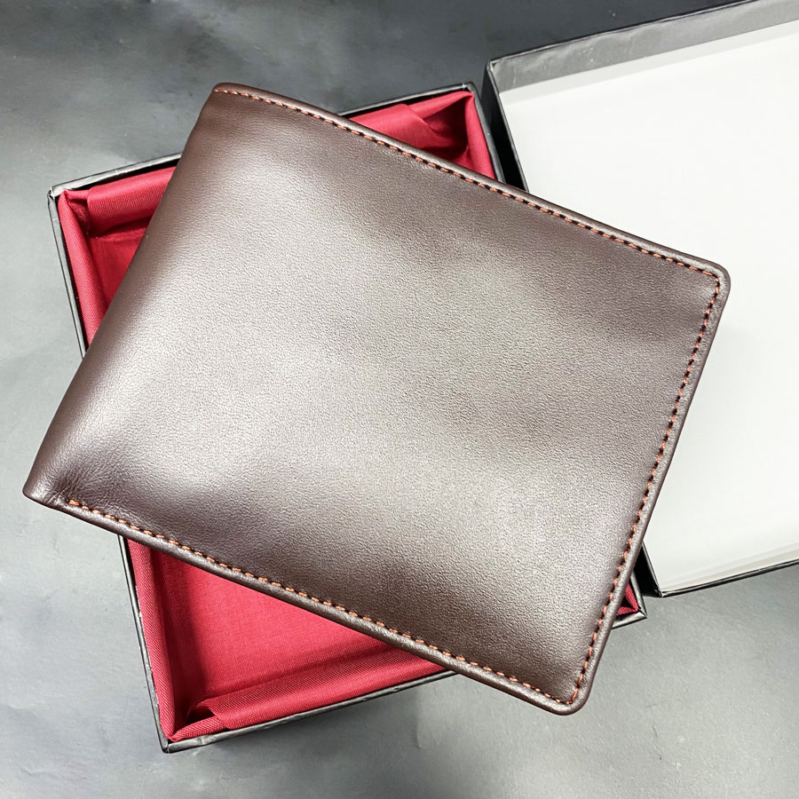 Ví nam da bò chân kim da bò thật, Bóp ngang nam da bò chân kim trơn cao cấp màu nâu