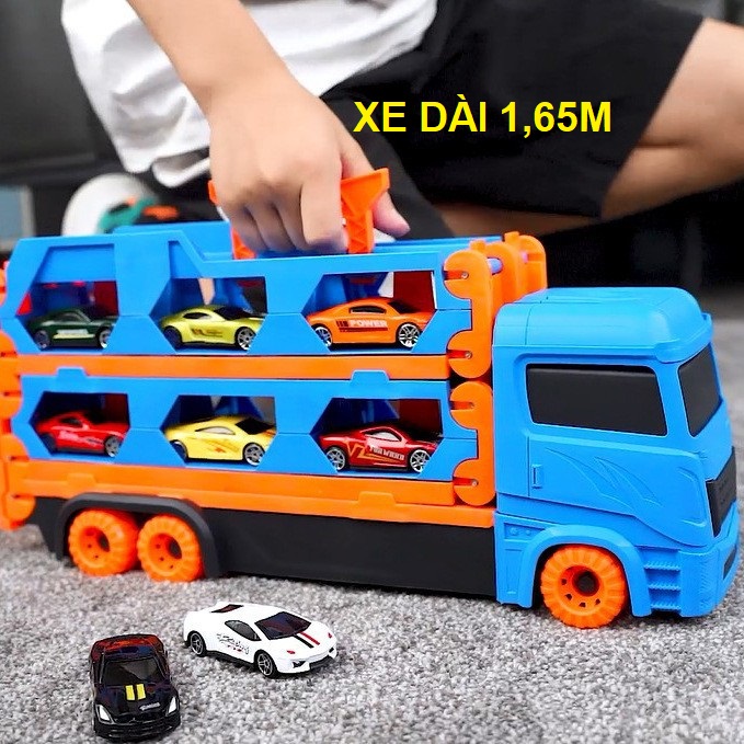 Ô tô đồ chơi xe tải 3 tầng kèm 6 xe đua nhỏ mô hình đường đua xe dài 1,65m có thể gấp gọn cho bé, quà tặng sinh nhật