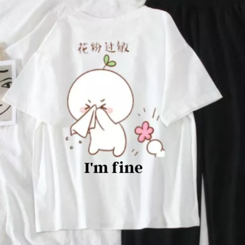 Sét Bộ Nữ SS23, Sét Đồ Nữ Đi Chơi Đẹp In Chữ Và Hình Tôi Vẫn Khỏe, Sét Áo Vải Cotton, Và Quần Kẻ Đen Cá Tính