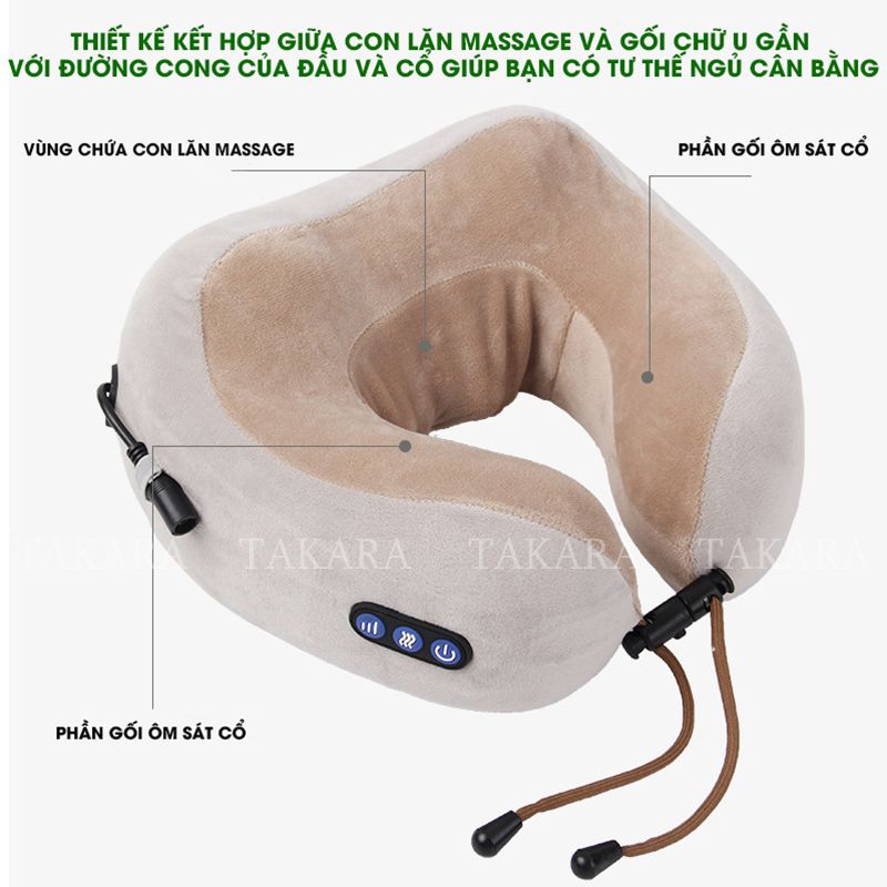 Gối Massage Cổ Chữ U, Máy Mát Xa Đeo Cổ TAKARA Đa Chức Năng Trị Liệu Giảm Đau Mỏi Cổ Vai Gáy