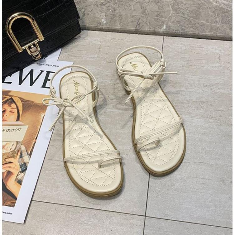 Giày Sandal xỏ ngón nữ quai ngang mảnh da mềm đế bệt lót trần chỉ đi êm chân 2 màu Kem + Đen xinh xắn - Mã S54