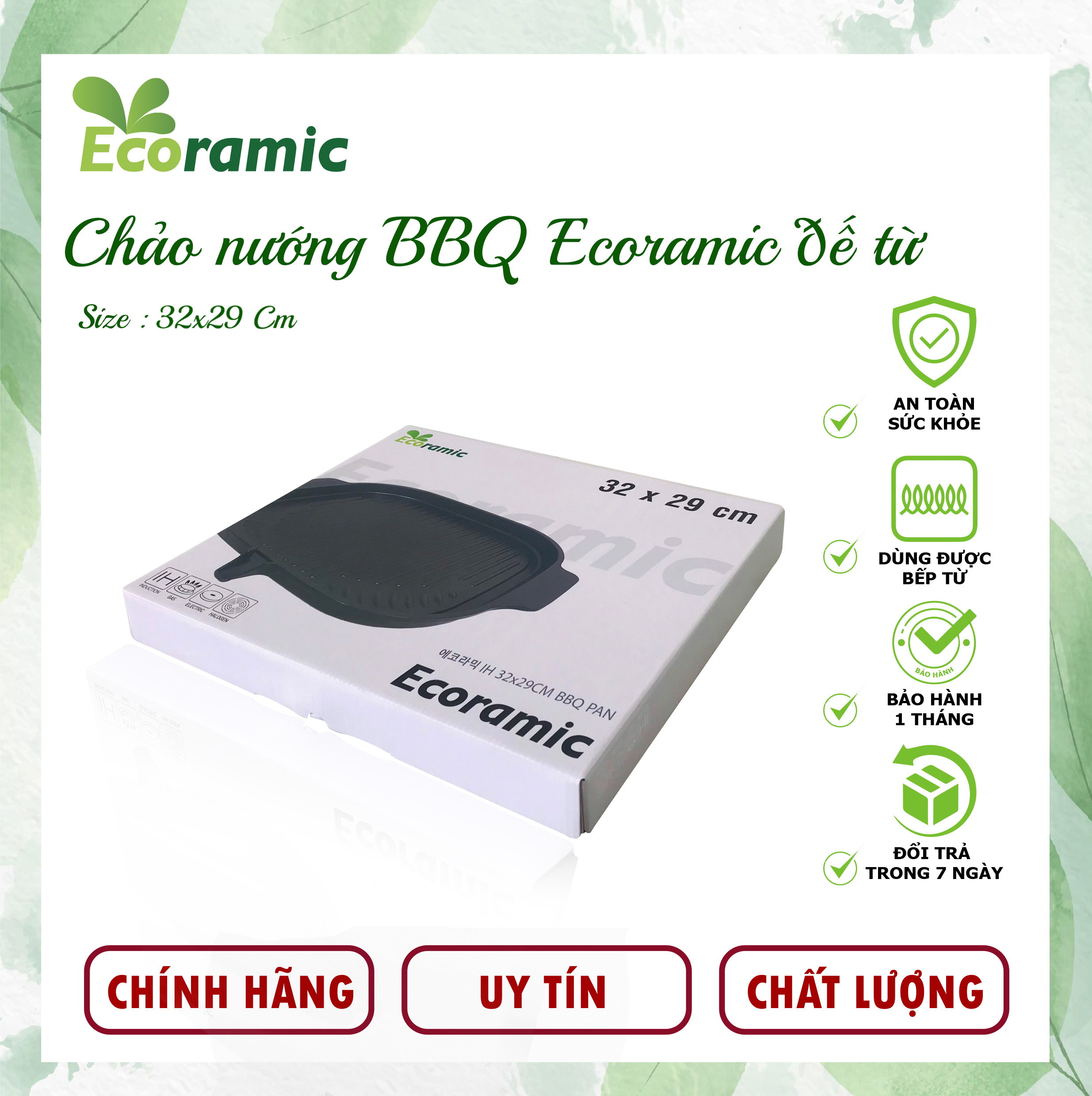 Chảo Nướng BBQ Ecoramic Đáy Từ  Chống Dính, Siêu Bền, Dùng được cho tất cả các loại bếp, Bảo hành chính hãng 2 tháng