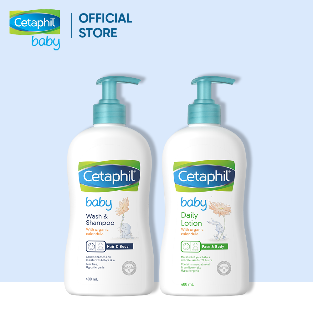 Combo Sữa tắm gội Cetaphil Baby W&S with Organic Calendula 400ml + Sữa dưỡng thể Cetaphil Baby with Organic Calendula 400ml