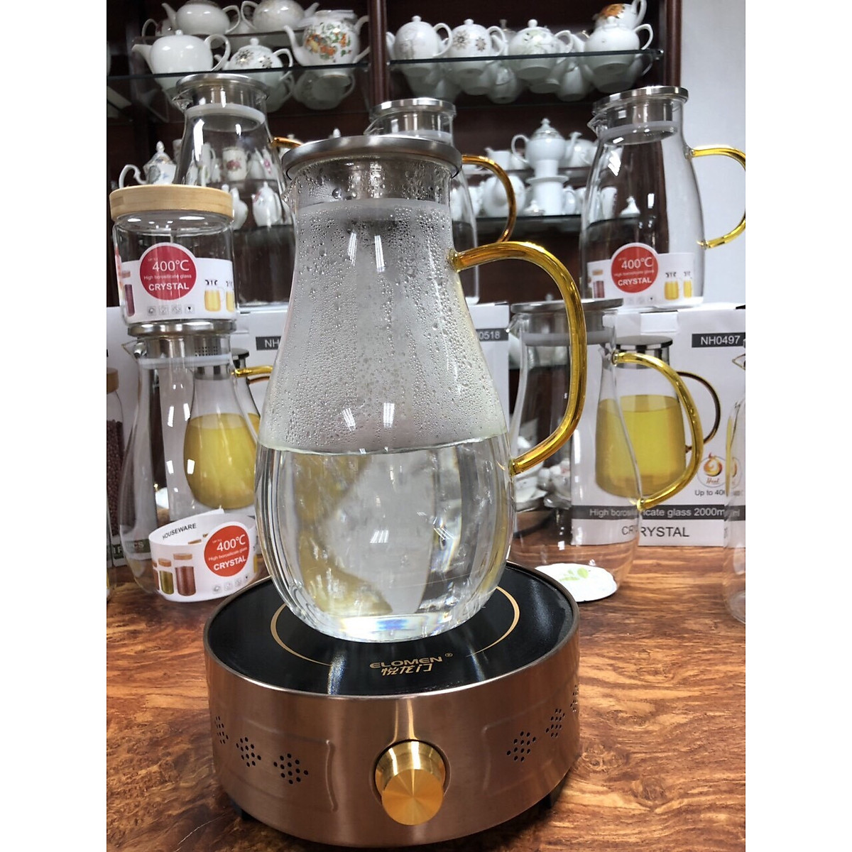 Bình đựng nước thủy tinh chịu nhiệt cao cấp nắp inox quai màu vàng,trắng
