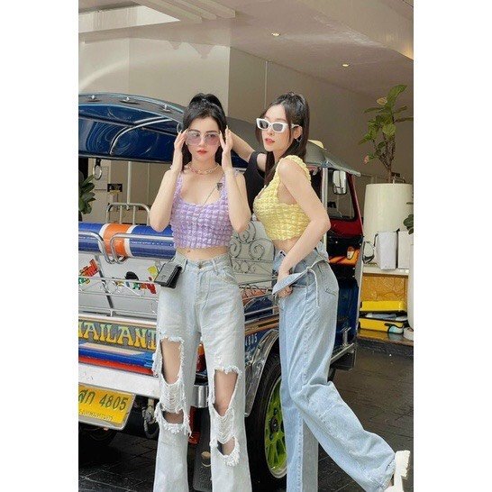 Sét Áo Thun Ba Lỗ 2 Dây Croptop Xốp Nhăn Siêu Đẹp