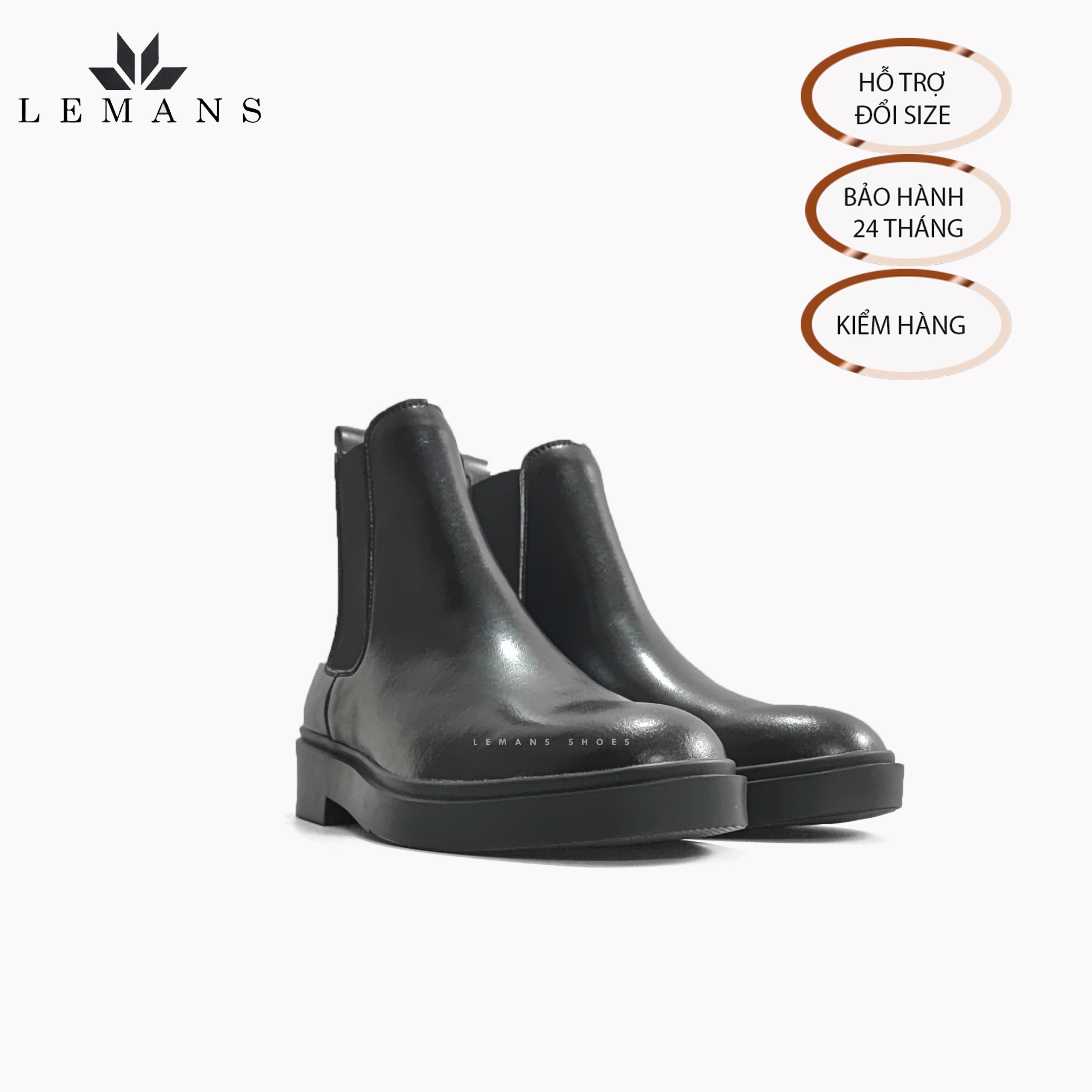 Giày da bò Chelsea Boots Black LEMANS CB66, đế lemans cao 4cm, boot nam chelsea boot nam, bảo hành 24 tháng