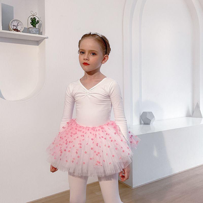 Đầm múa ballet cho bé gái - Mẫu áo trắng 3 nơ lưng, váy chấm bi hồng