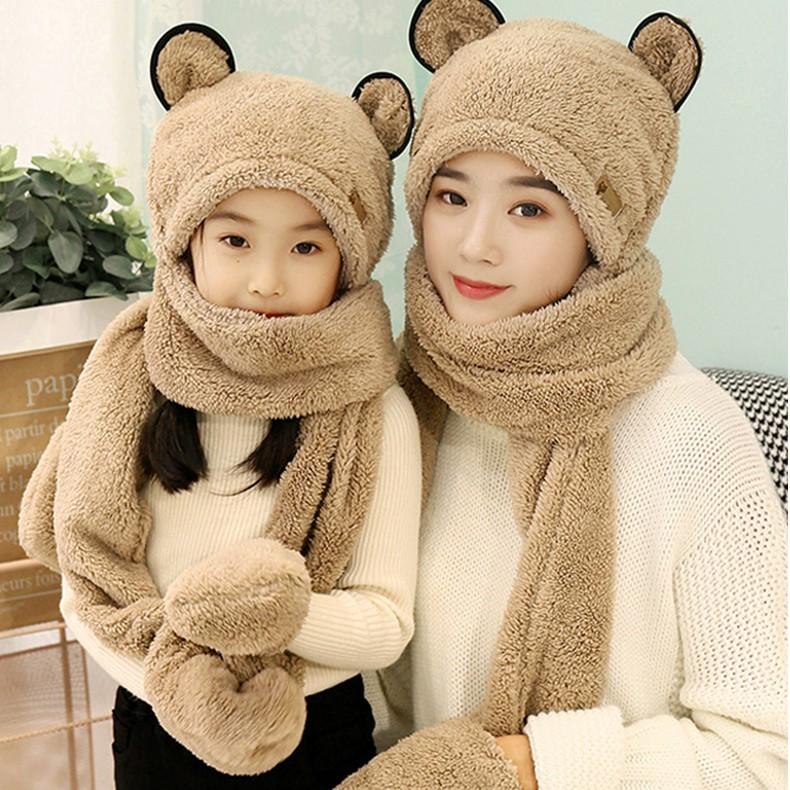 Mũ len cho bé kèm khăn quàng cổ, găng tay ấm áp len lông cừu ấm mịn thích hợp cho mẹ và bé