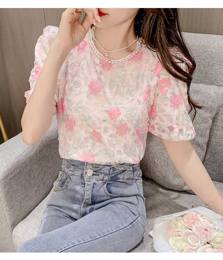 HÀNG QUẢNG CHÂU - ÁO KIỂU NỮ CỔ TRÒN KẾT HẠT HỌA TIẾT HOA LÁ NỔI SIÊU XINH - A58276