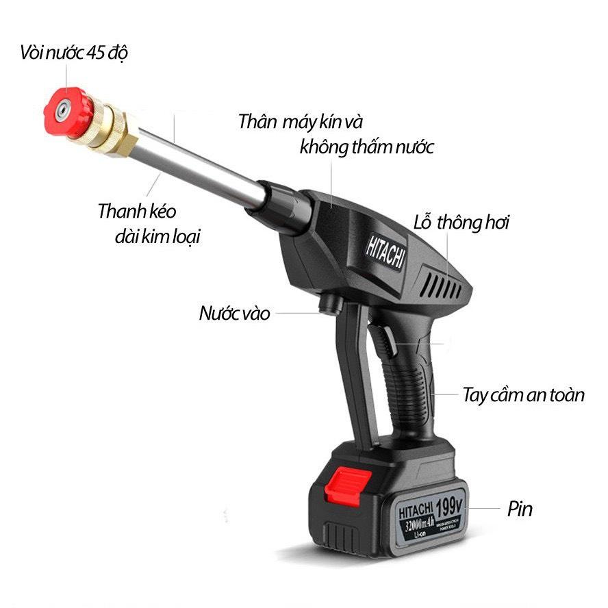 Máy rửa xe chạy pin hitachi 199v,tặng kèm bình tạo bọt