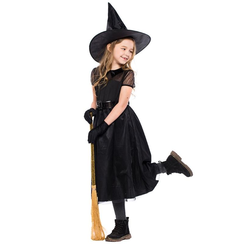 1 Bộ Trẻ Em Bé Gái Phù Thủy Trang Phục Hóa Trang Halloween Lưới Nữ Tay Ngắn Cổ Tích Đầm Nón Dây Lưng Găng Tay Đảng Vai Trò Chơi bộ Trang Phục