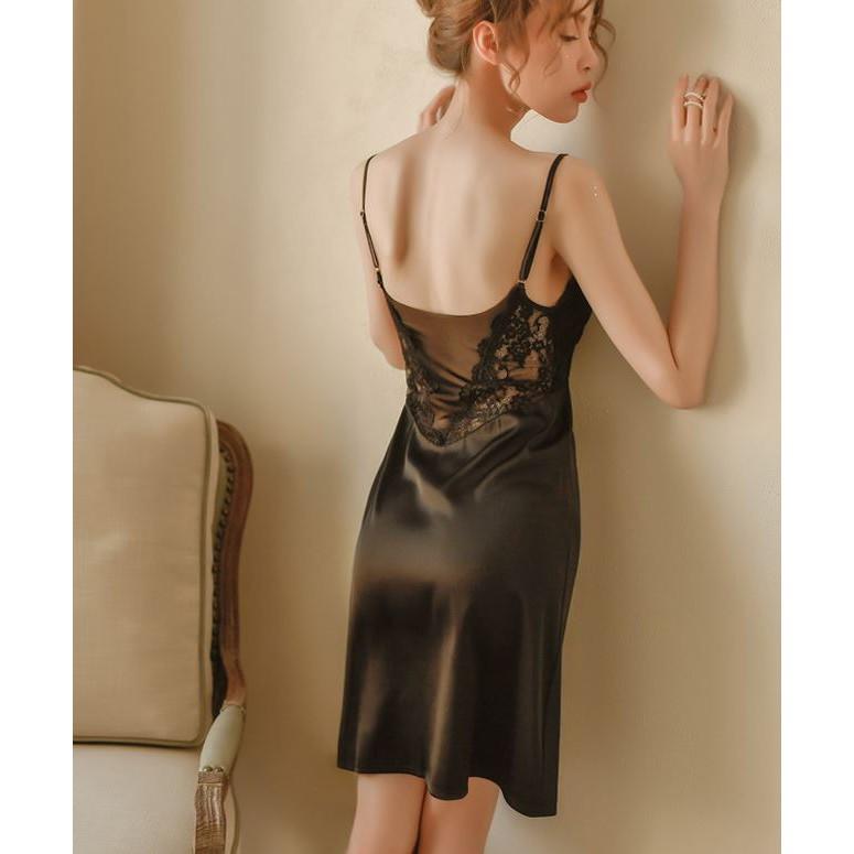 Xả kho Váy ngủ hai dây lụa satin quyến rũ dành cho bạn nữ Đầm ngủ phối ren cao cấp