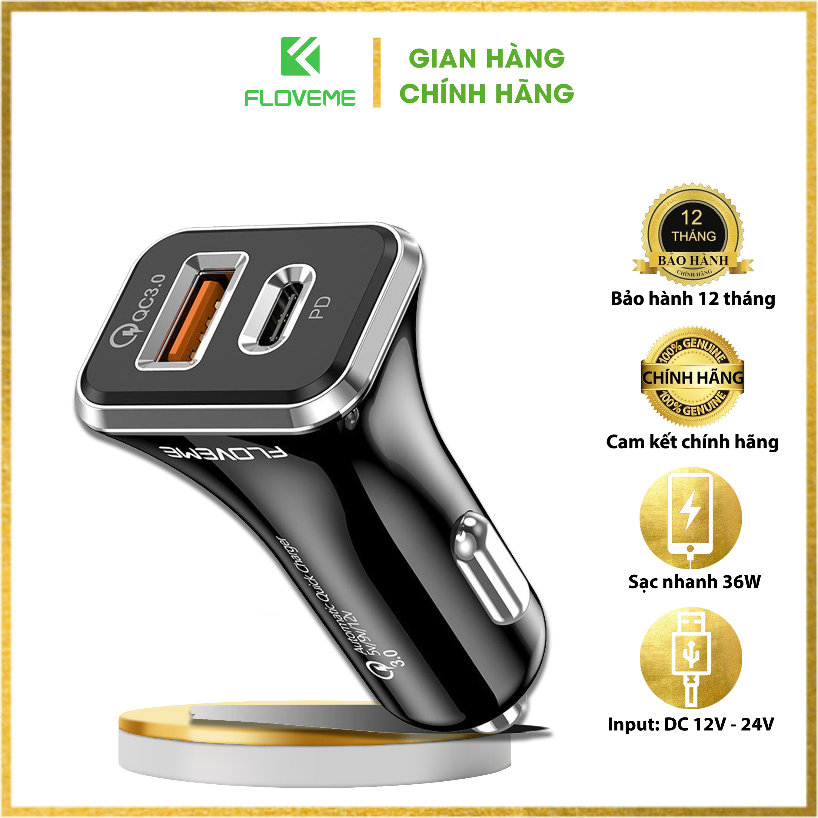 FLOVEME Sạc USB Ô Tô 18W Quick Charge QC3.0 Cho iPhone 12 11 Loại C dành cho Điện Thoại Di Động - Hàng chính hãng