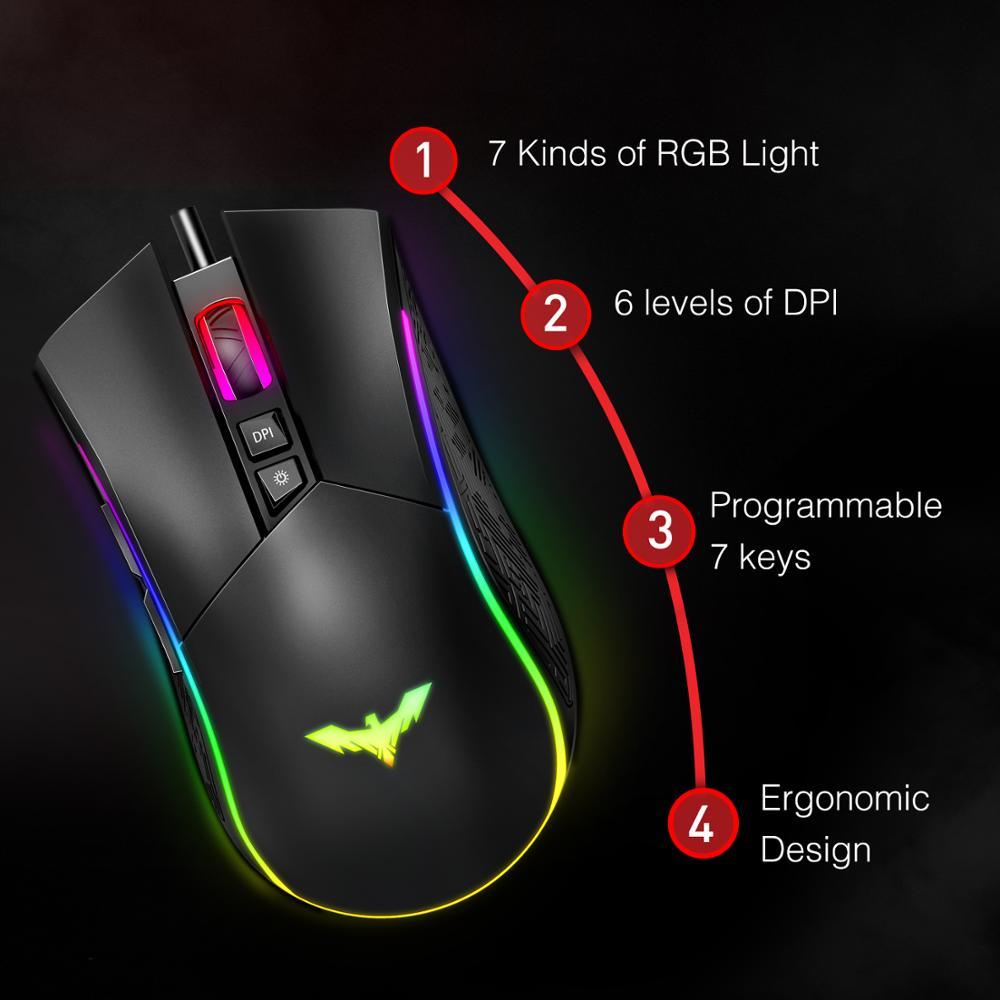 Havit RGB Chuột Chơi Game Có Dây Có Thể Lập Trình Công Thái USB Chuột 4800 DPI 7 Nút & 7 Màu Đèn Nền Cho Chơi Game máy Tính Để Bàn