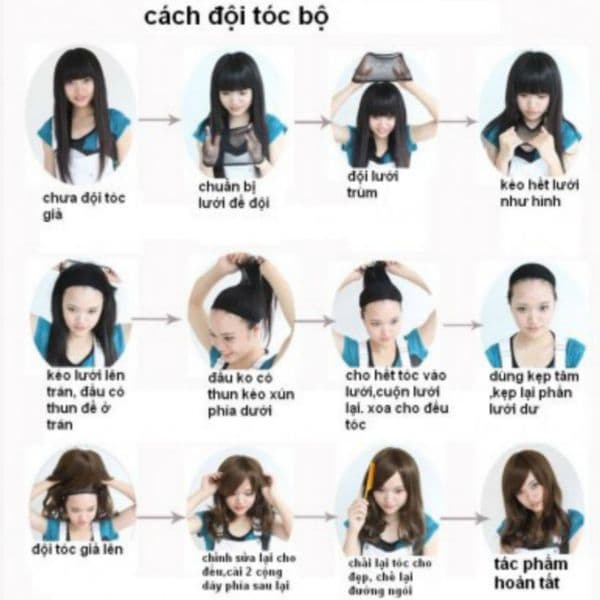 Tóc giả nữ nguyên đầu cup lững, tóc giả bộ cả đầu thẳng dài mái thưa hàn quốc