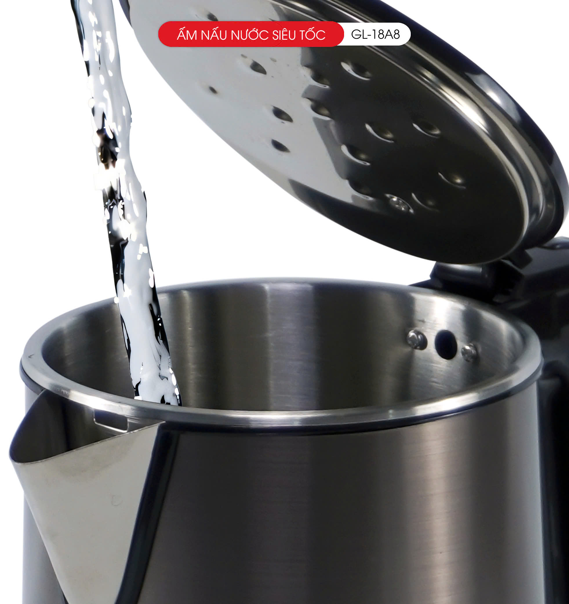 Ấm Siêu Tốc Gali GL-18A8 Thân Ấm Nguyên Khối Inox 304. Thiết kế 2 lớp Chống Nóng. hàng chính hãng, bảo hành 24 tháng