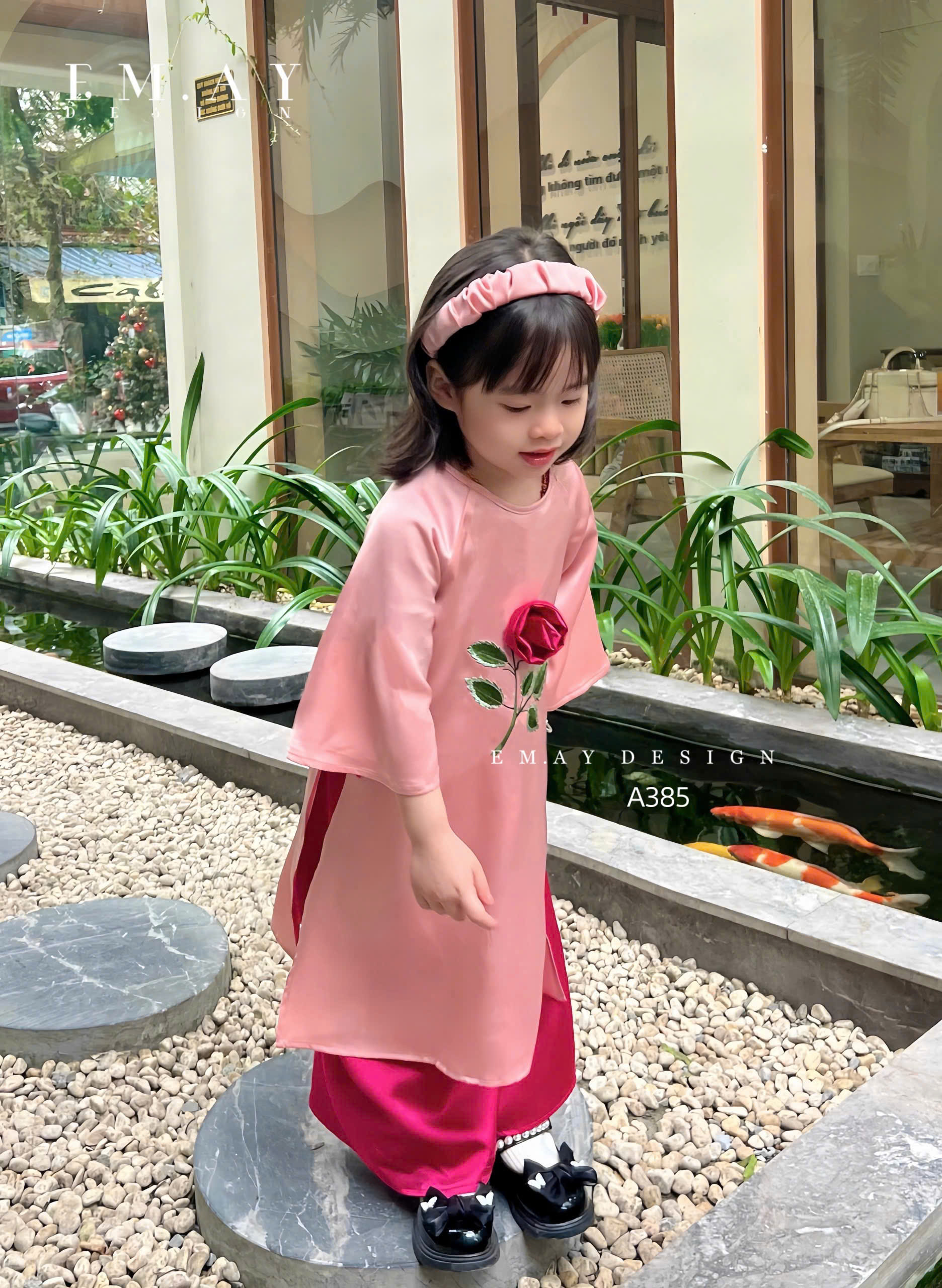 Áo dài cho bé gái mẫu Hoa hồng mùa xuân xinh xắn diện lễ tết năm mới từ 12-50kg hàng thiết kế cao cấp