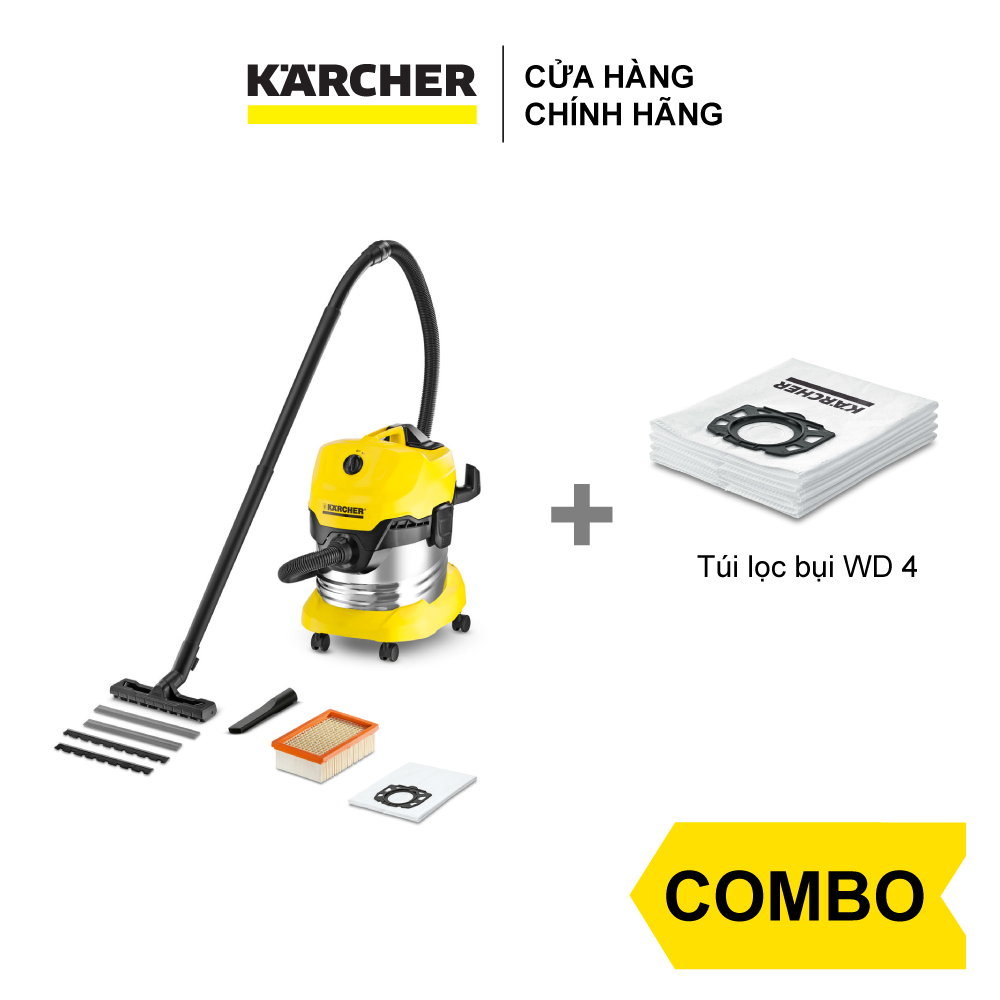 Máy hút bụi khô &amp; ướt cao cấp Karcher WD 4 Premium và túi lọc bụi - Hàng Chính Hãng