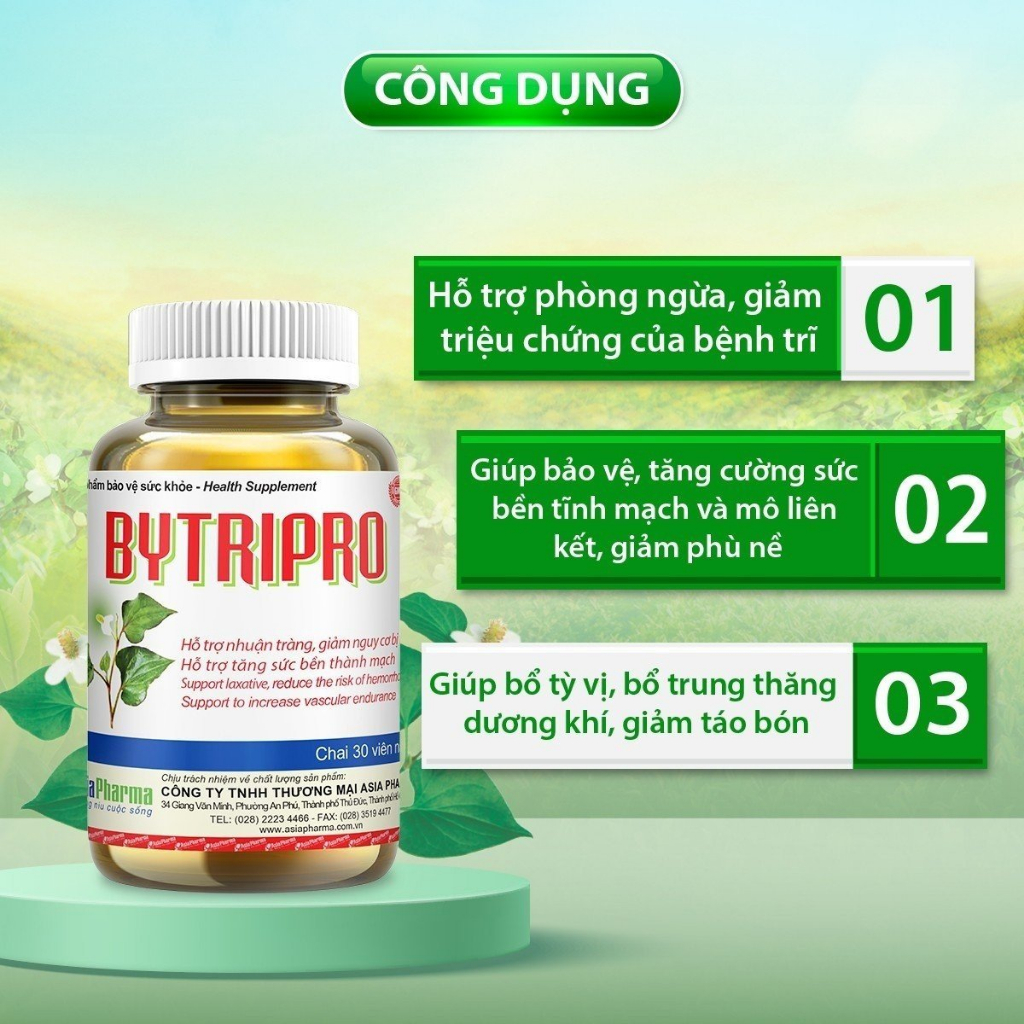[1 HỘP] Viên uống tiêu trĩ, giảm táo bón nhuận tràng Bytripro Asia Pharma hỗ trợ cho người bị trĩ - Hộp 30 viên