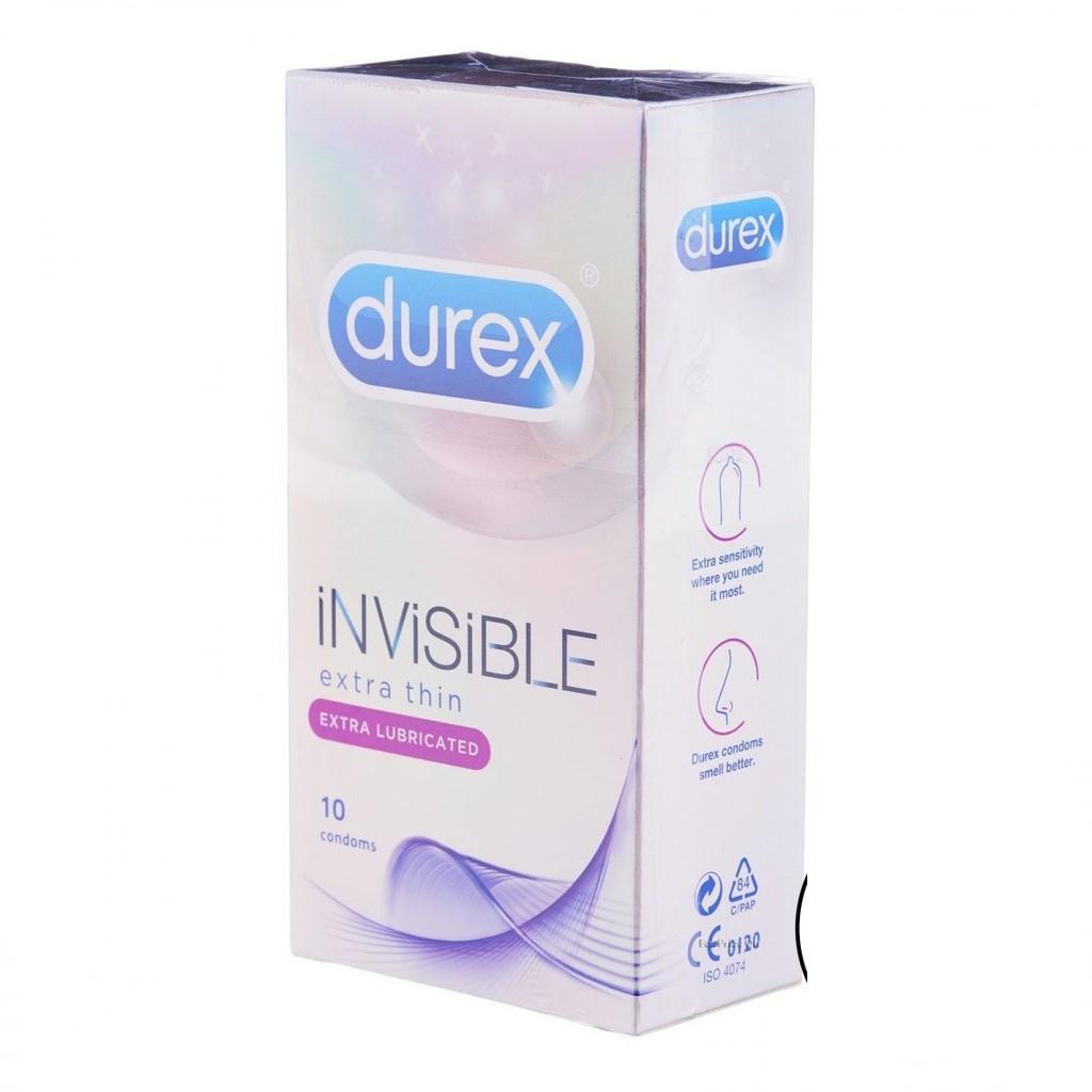 Bao Cao Su DUREX INVISIBLE EXTRA LUBRICANT - Siêu mỏng, cỡ vừa 52mm - Hộp 10c