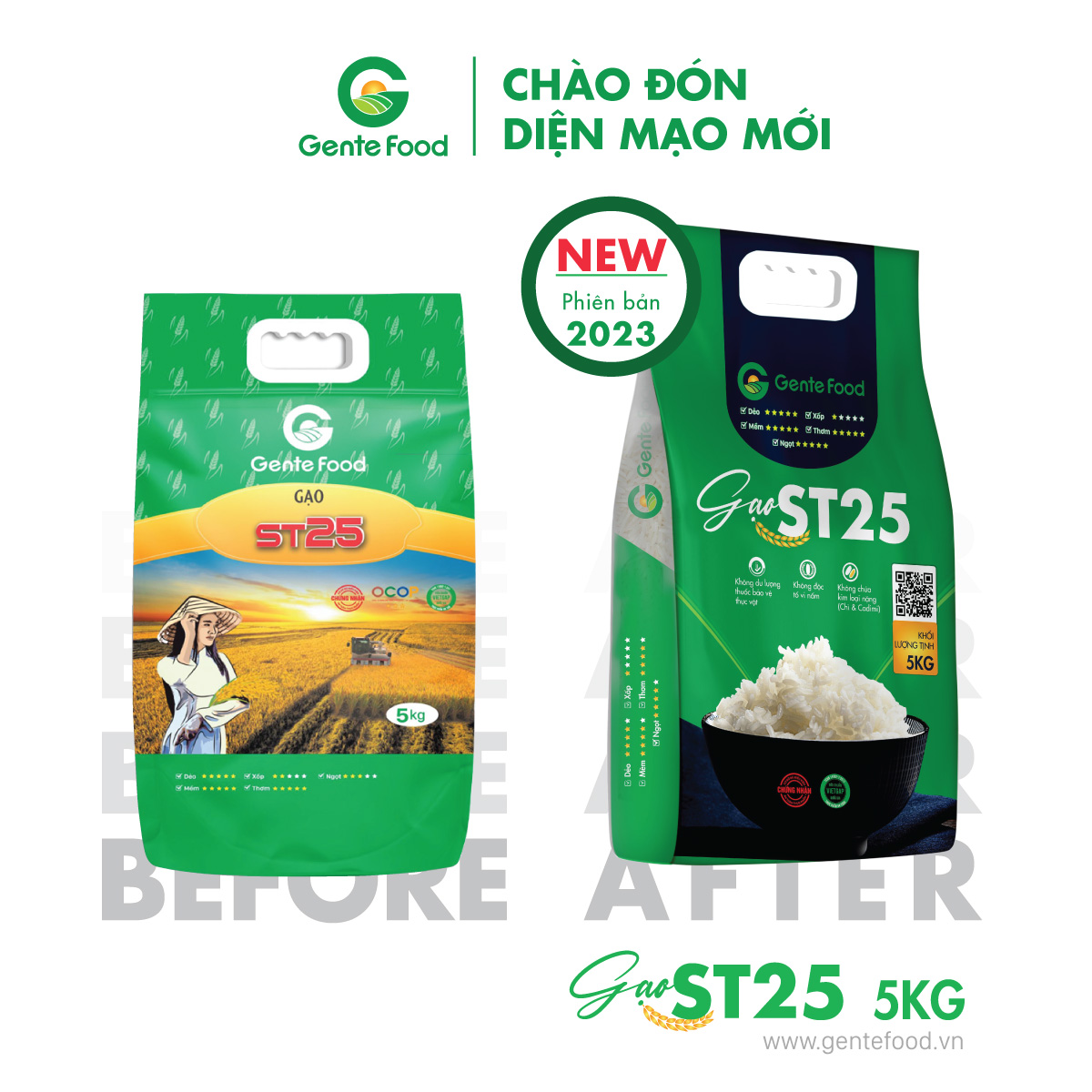 Gạo ST25 đặc sản gạo ngon chính hiệu Gente Food túi 5kg, Cơm Thơm, Dai, Mềm Dẻo, Vị Ngọt.